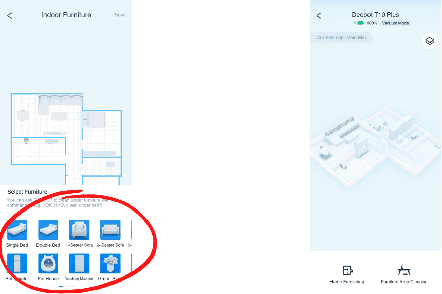 Möbelstücke werden in der Ecovacs Deebot T10 App in der 3D-Karte platziert.